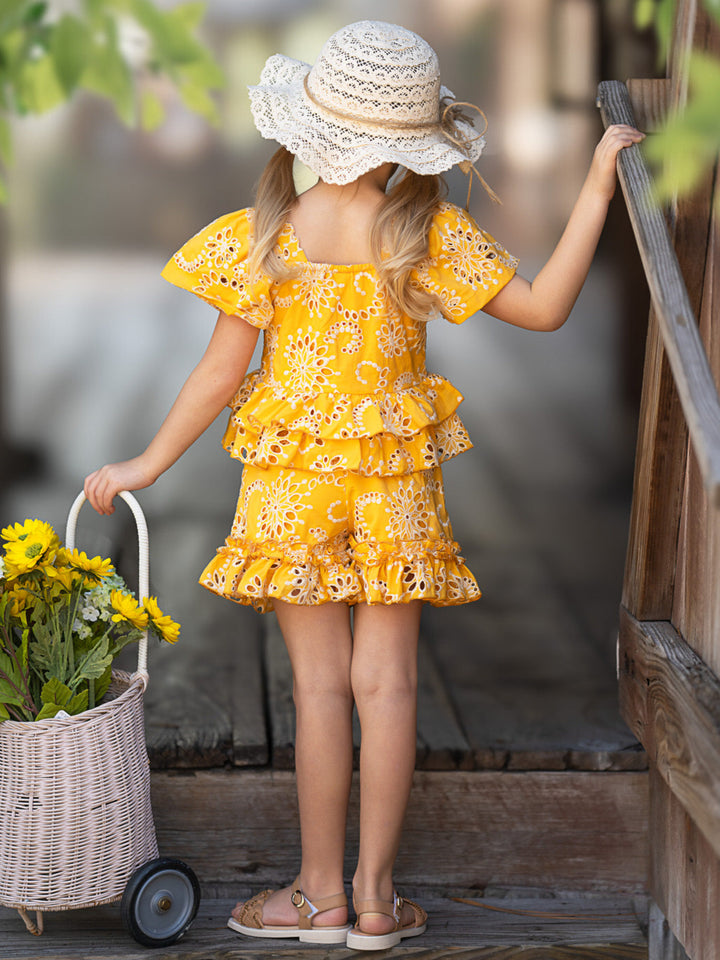 Golden Bloom Eyelet Puff Sleeve Top and Ruffle Shorts Set