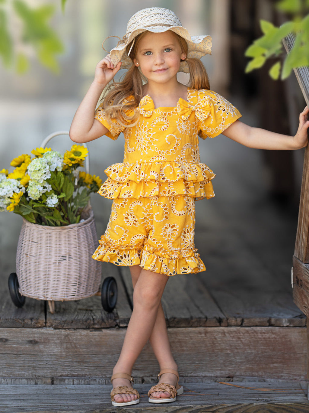 Golden Bloom Eyelet Puff Sleeve Top and Ruffle Shorts Set