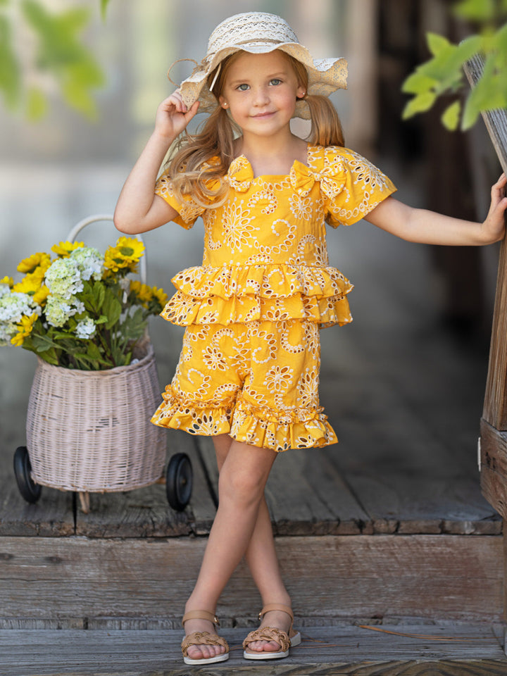 Golden Bloom Eyelet Puff Sleeve Top and Ruffle Shorts Set