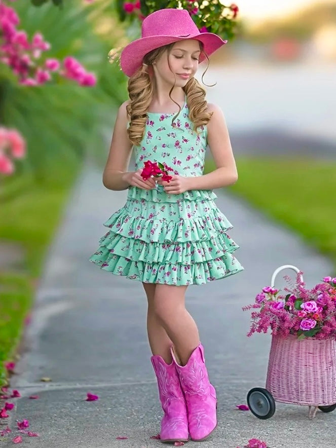 Mint Floral Top and Ruffled Skirt Set