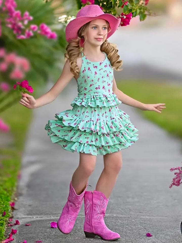 Mint Floral Top and Ruffled Skirt Set