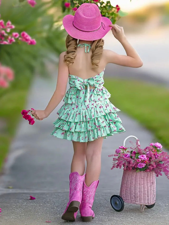 Mint Floral Top and Ruffled Skirt Set