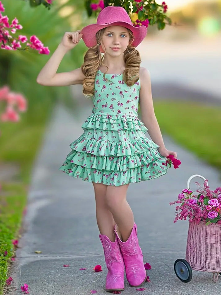 Mint Floral Top and Ruffled Skirt Set