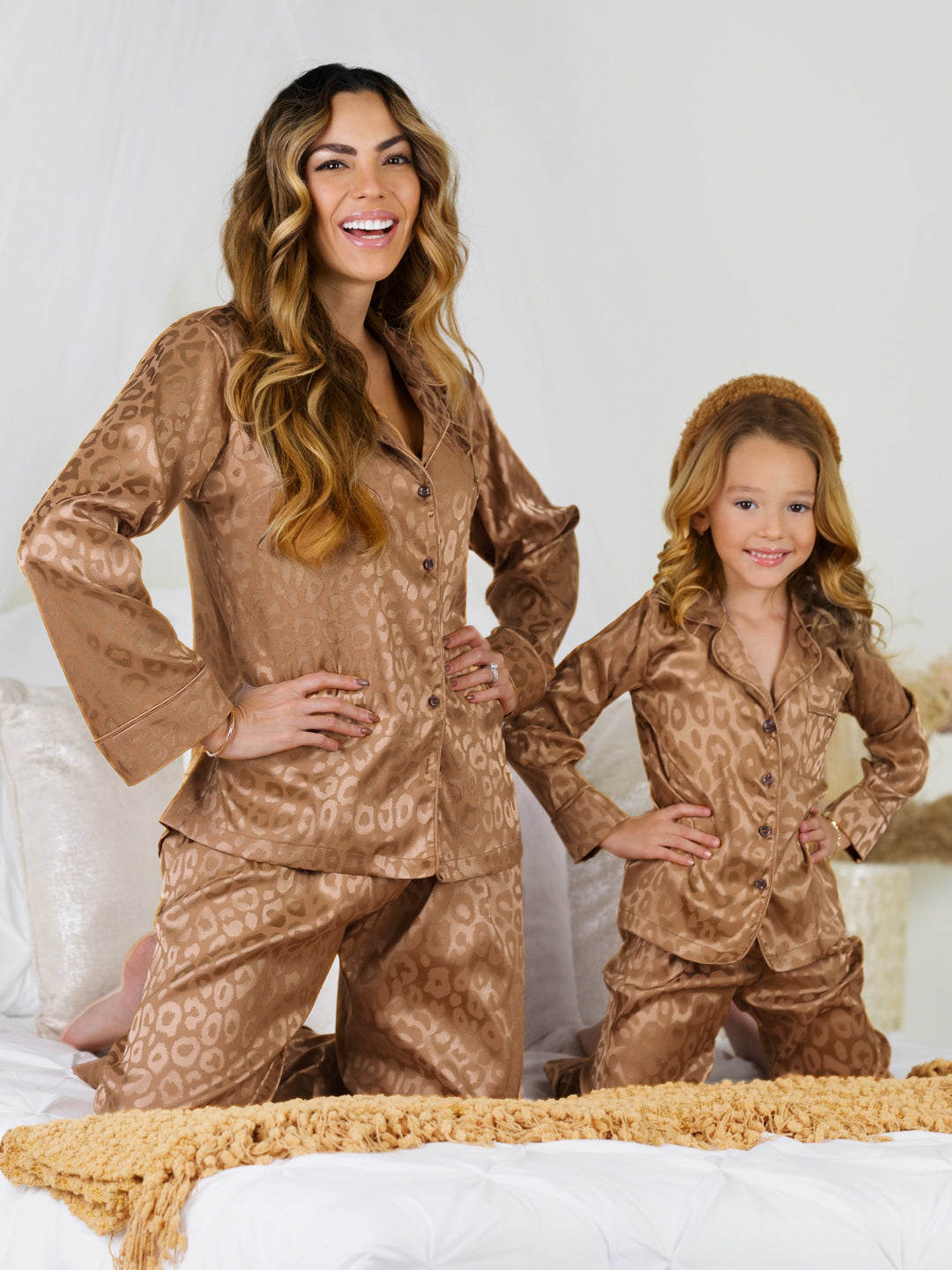 Mommy and Me Gold Leopard Print Silky Pajama Set