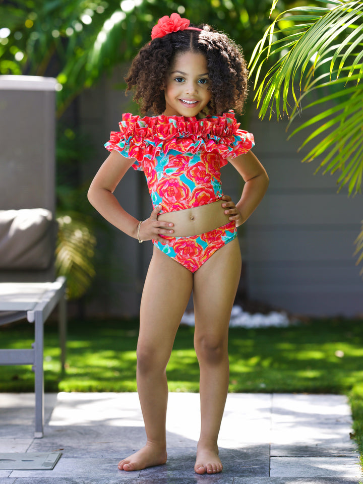 Tropical Garden Ruffle Tankini Two Piece Swimsuit
