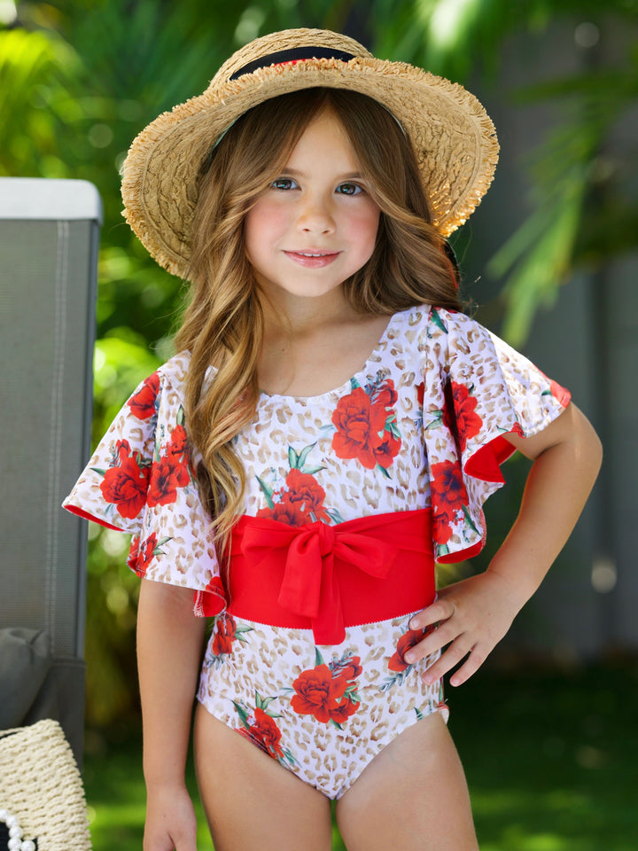 Spots and Petals Flare Sleeve One Piece Swimsuit