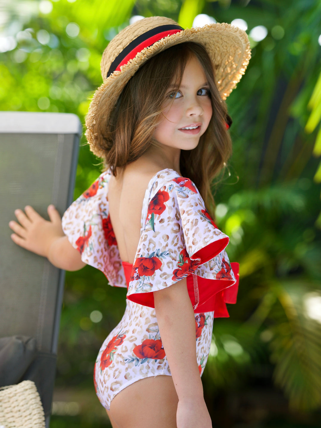 Spots and Petals Flare Sleeve One Piece Swimsuit