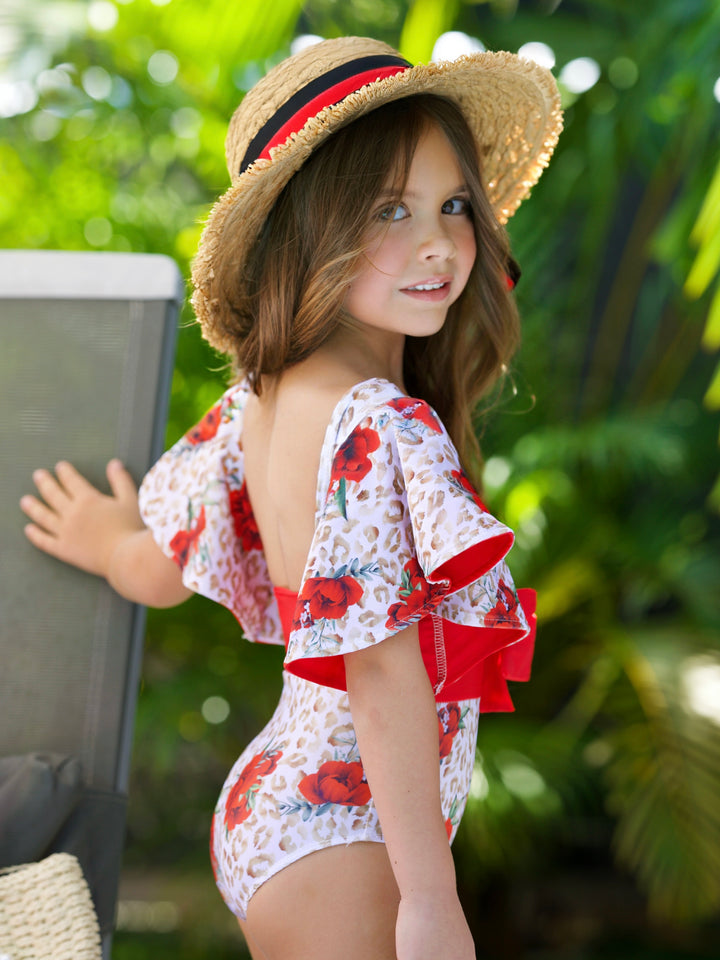 Spots and Petals Flare Sleeve One Piece Swimsuit