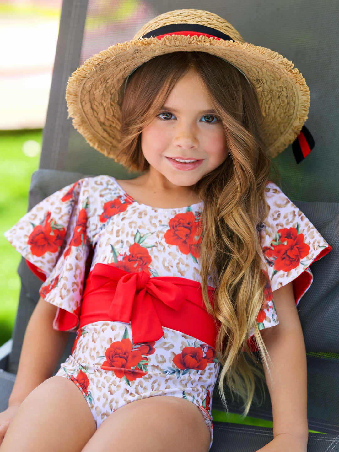 Spots and Petals Flare Sleeve One Piece Swimsuit