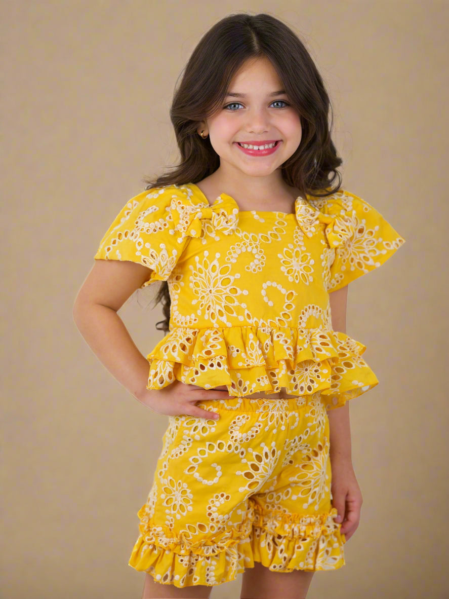 Golden Bloom Eyelet Puff Sleeve Top and Ruffle Shorts Set