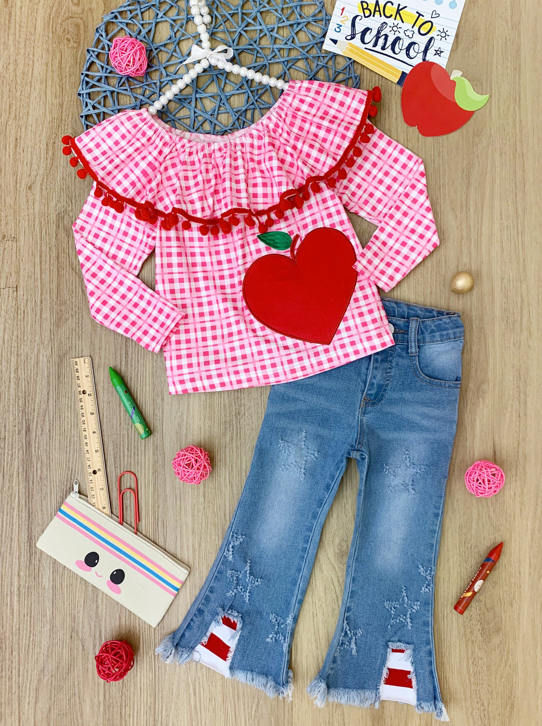 First Day of School | Apple Plaid Top & Jeans Set | Mia Belle Girls