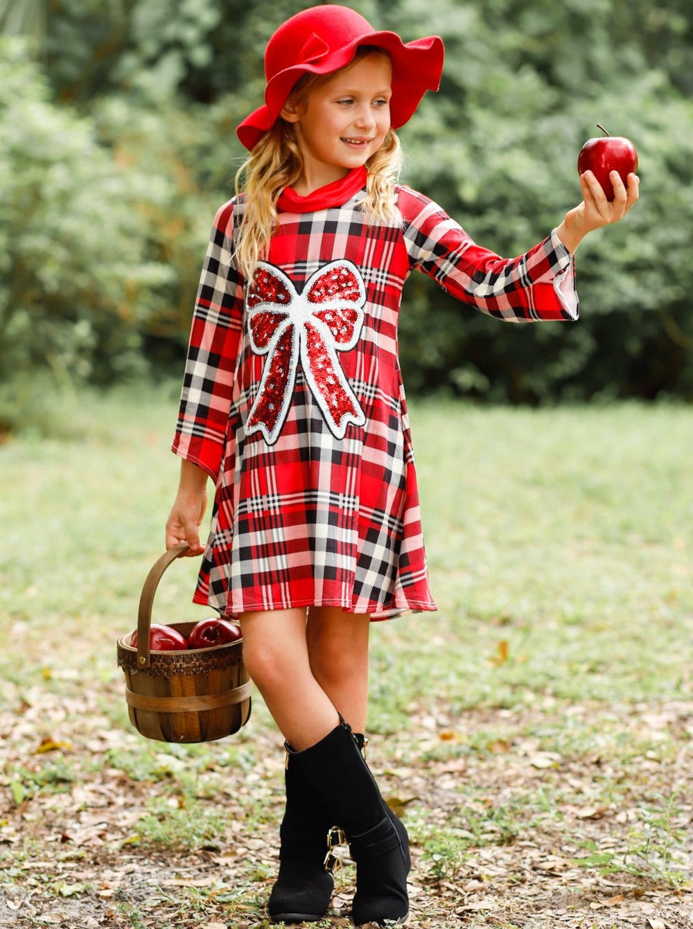 Winter Dressy Dresses | Girls Sequin Bow Plaid Turtleneck Dress