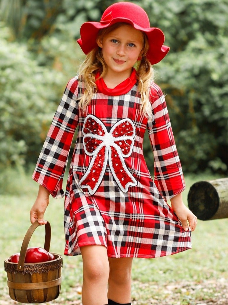 Winter Dressy Dresses | Girls Sequin Bow Plaid Turtleneck Dress