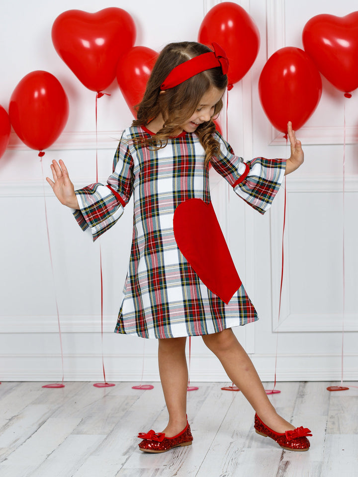 Girls Valentine's Day Dress | Plaid Bell Sleeve Heart Applique Dress