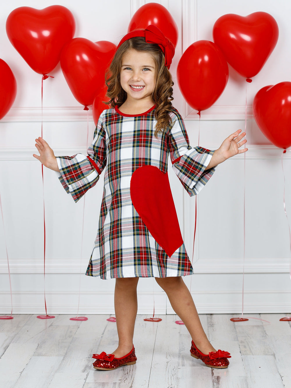 Girls Valentine's Day Dress | Plaid Bell Sleeve Heart Applique Dress