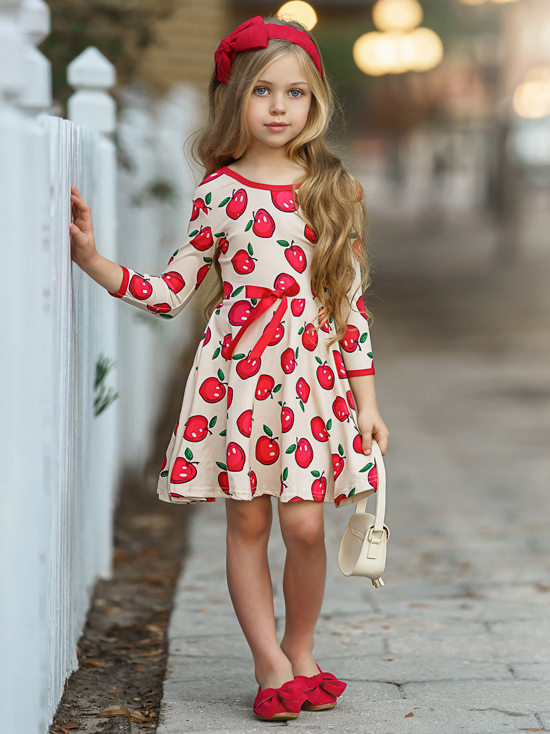 Girls Trimmed Scoop Back Twirl Apple Printed Dress
