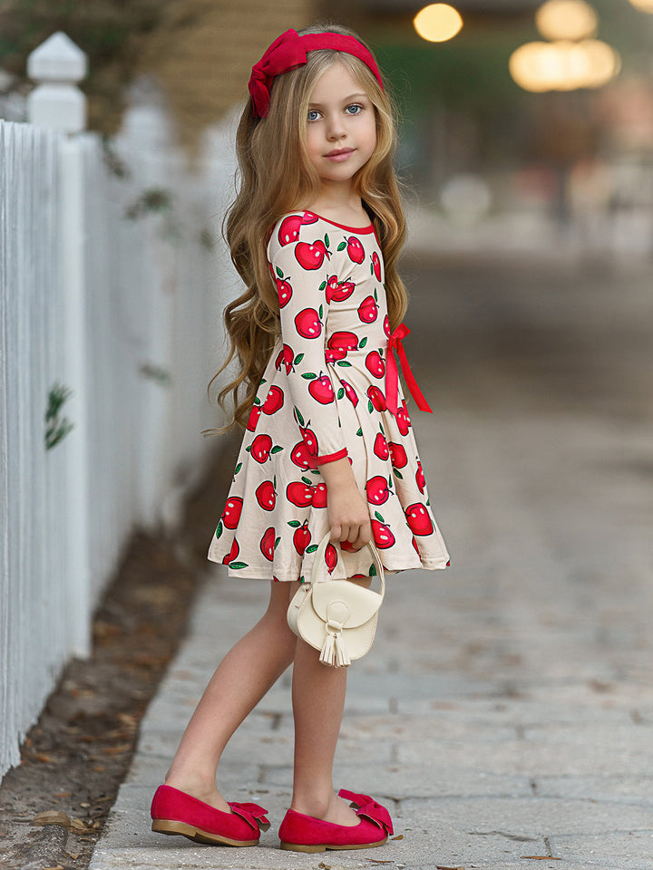 Girls Trimmed Scoop Back Twirl Apple Printed Dress