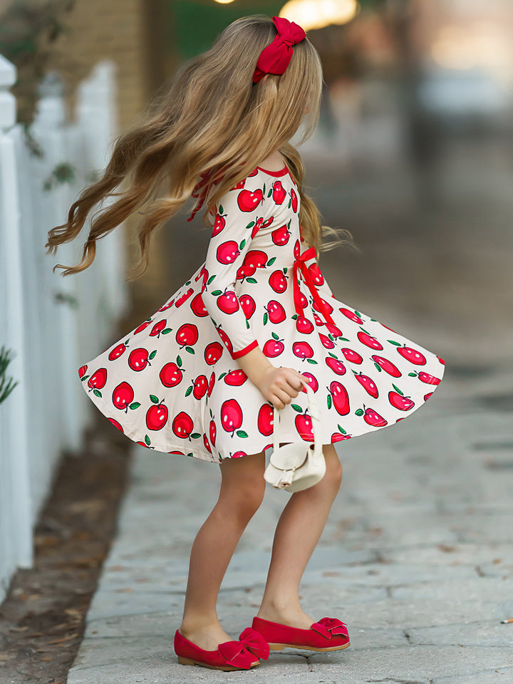 Girls Trimmed Scoop Back Twirl Apple Printed Dress