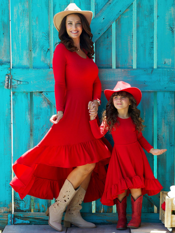 Mommy and Me Red Ruffled Rib Hi-Lo Twirl Dress