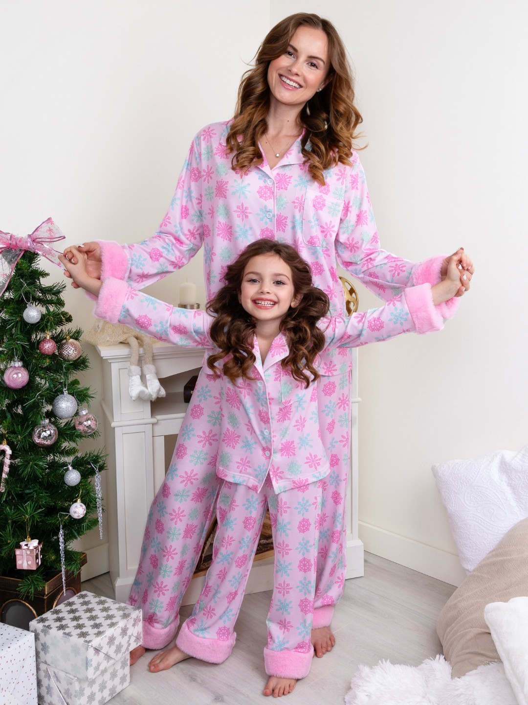 Mommy and Me Frosted Flurries Pink Snowflake Furry Pajama Set