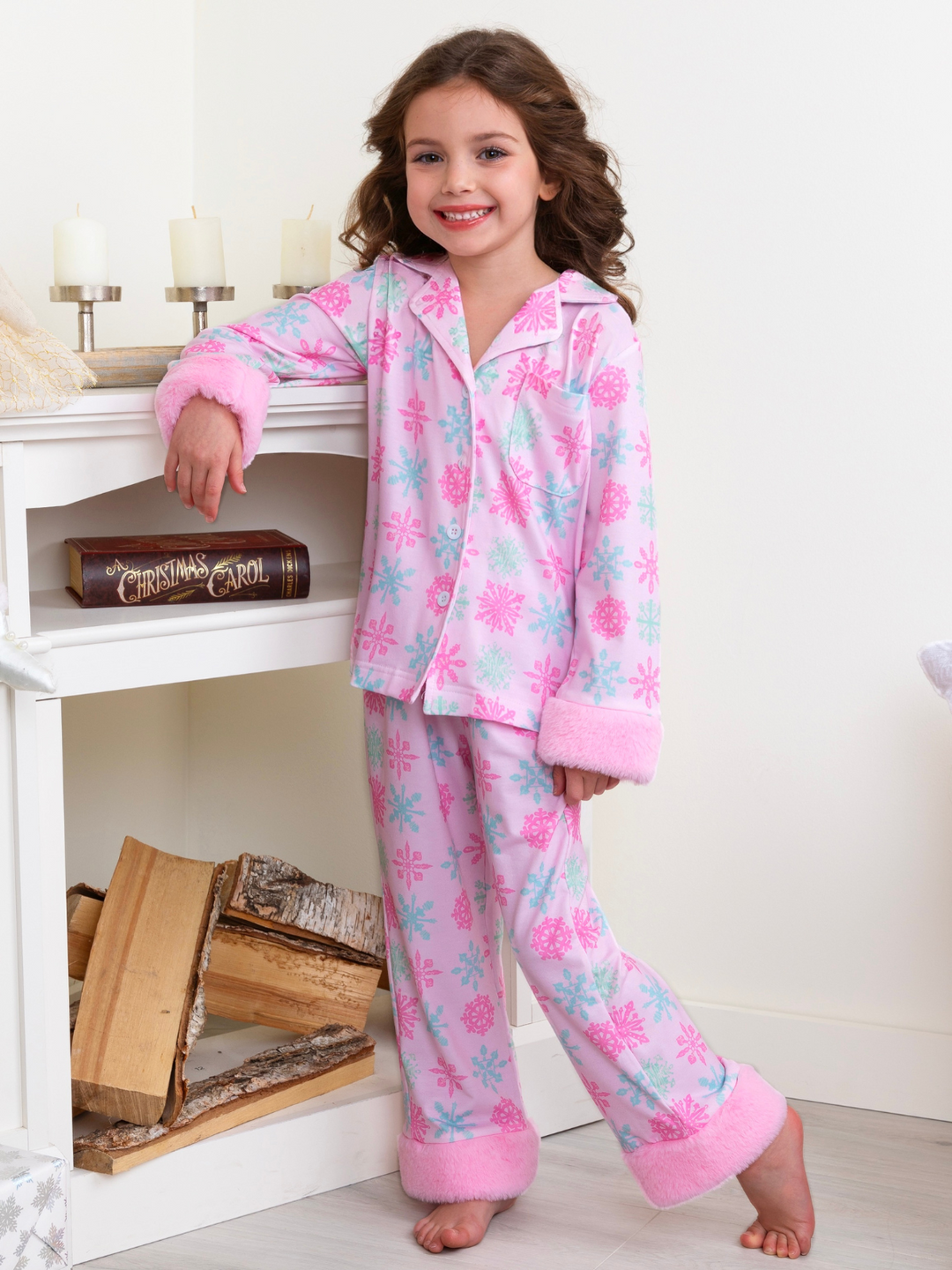 Mommy and Me Frosted Flurries Pink Snowflake Furry Pajama Set