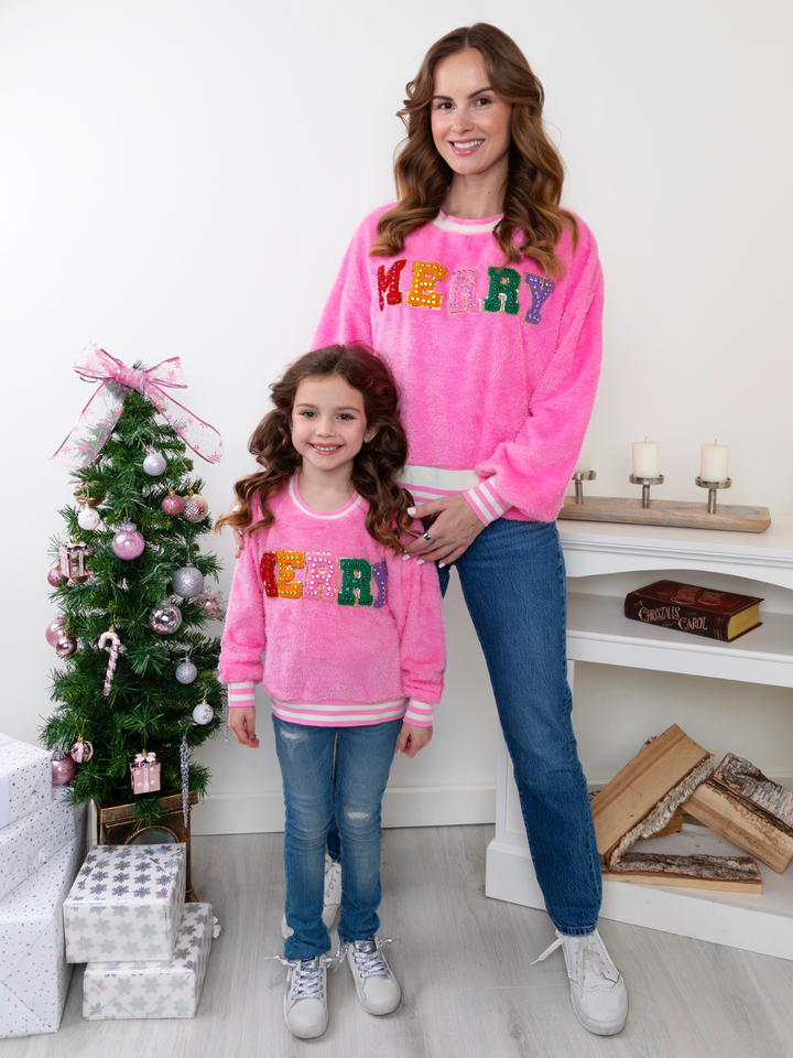 Mommy and Me Merry Embroidered Furry Sweater