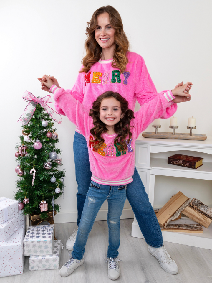 Mommy and Me Merry Embroidered Furry Sweater