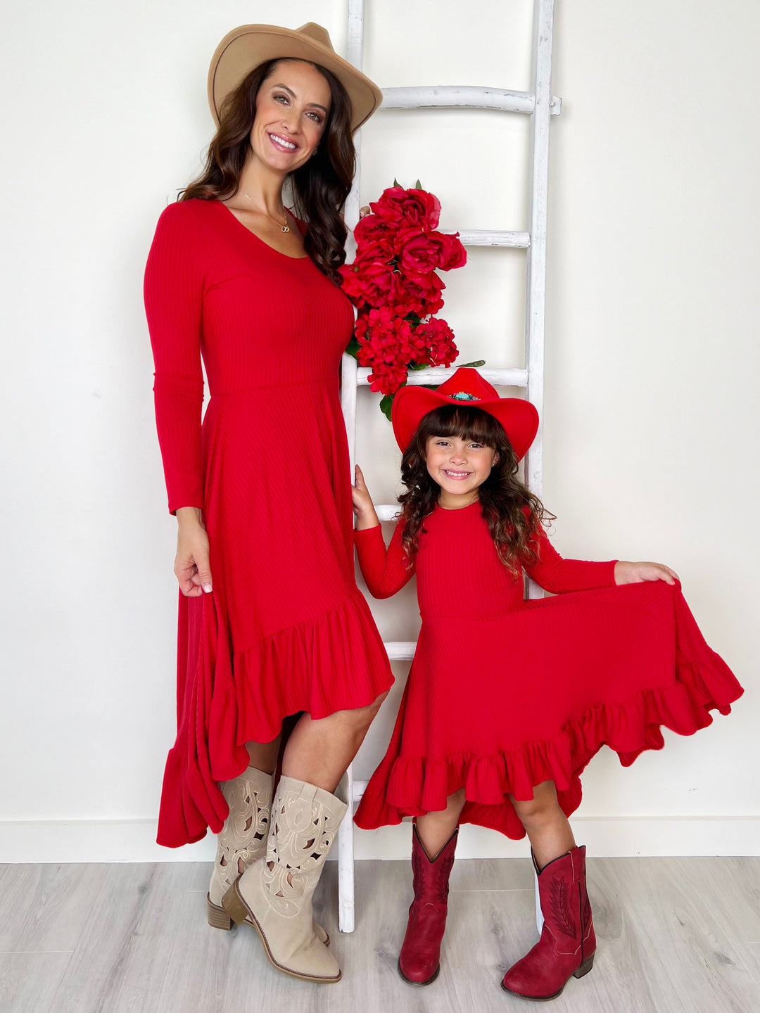 Mommy and Me Red Ruffled Rib Hi-Lo Twirl Dress