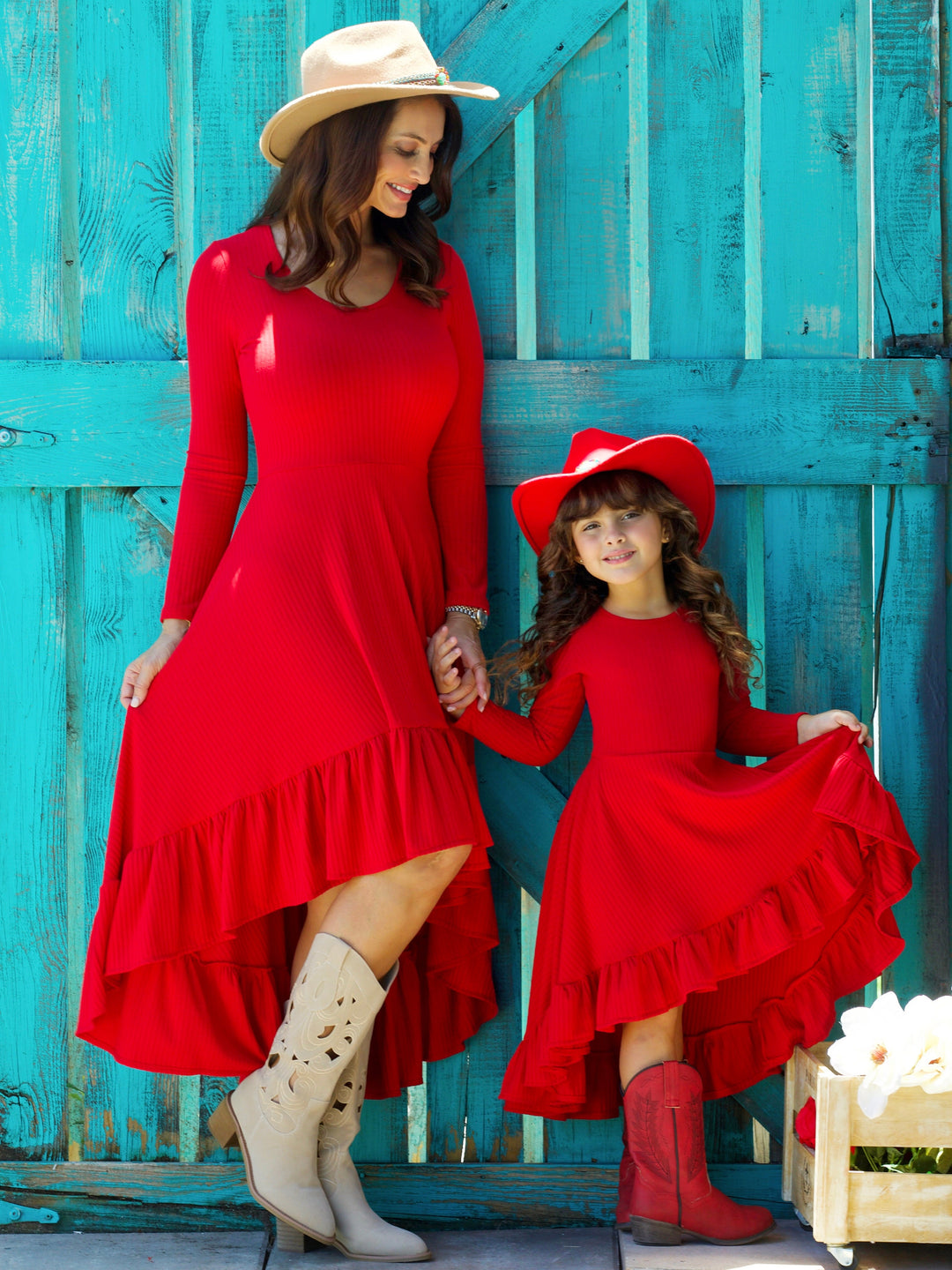 Mommy and Me Red Ruffled Rib Hi-Lo Twirl Dress