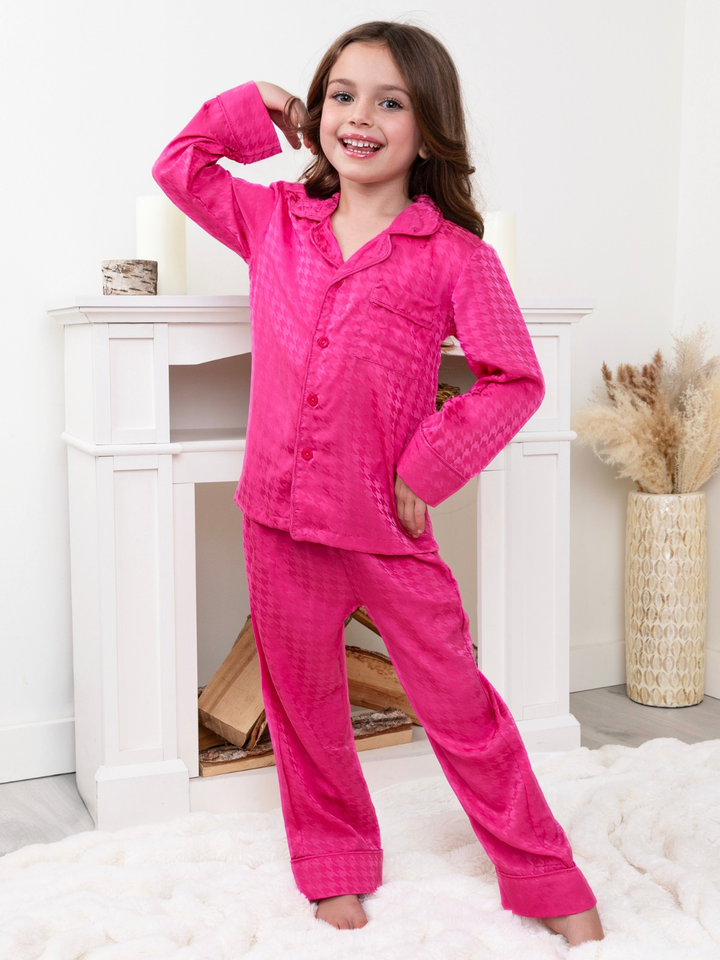 Mommy and Me Pink Houndstooth Print Silky Pajama Set