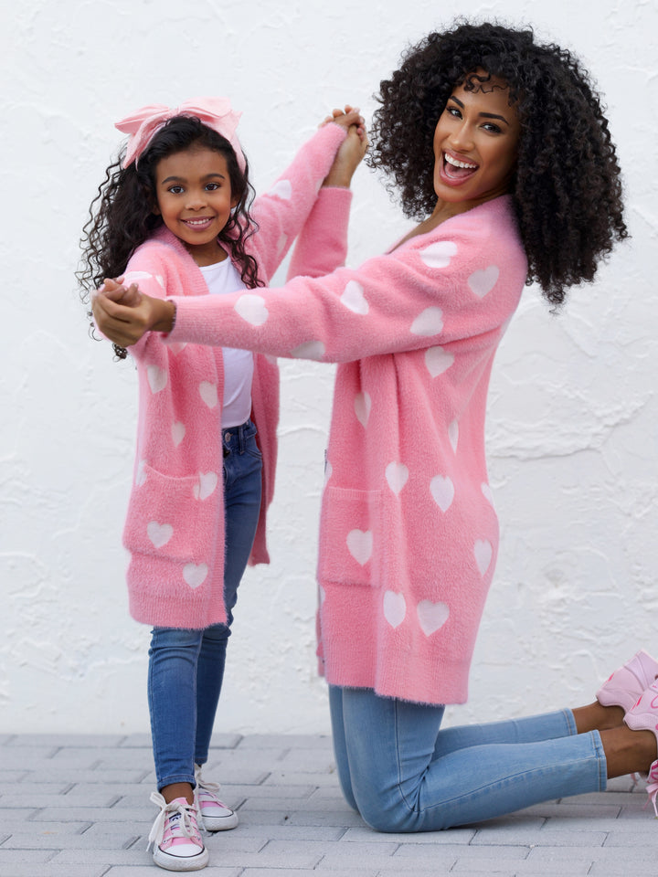 Mommy and Me Fuzzy All Over Heart Oversized Cardigan
