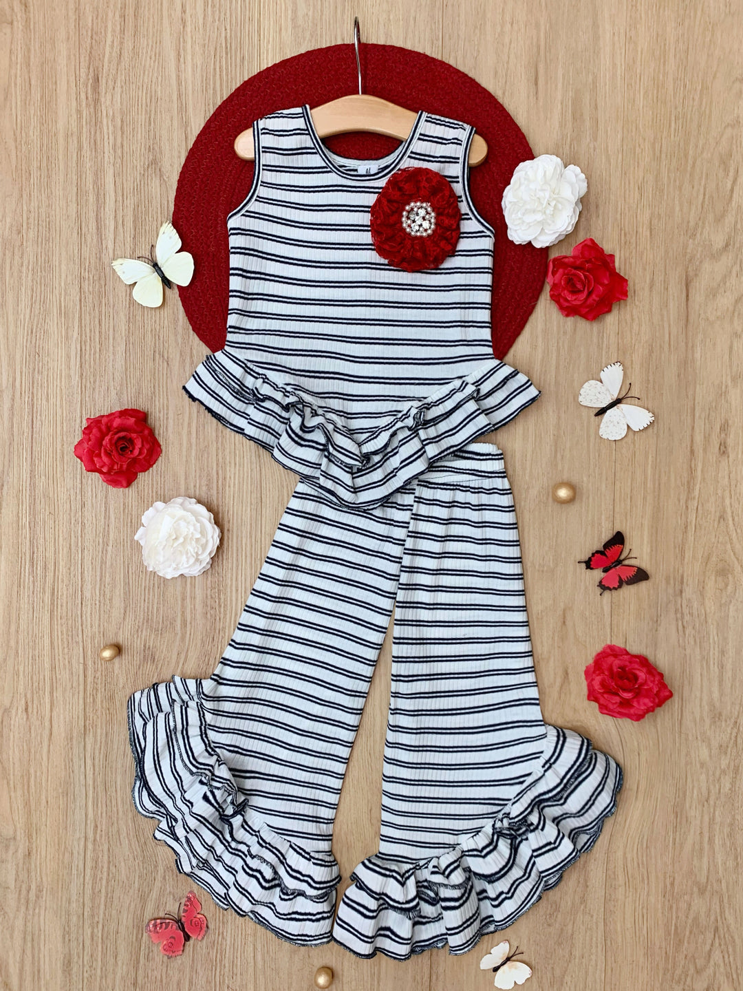Navy Chic Stripe Top and Ruffle Pant Set