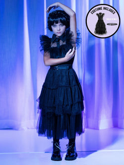 Girls Wednesday Prom Dance Tulle Costume Dress with Belt