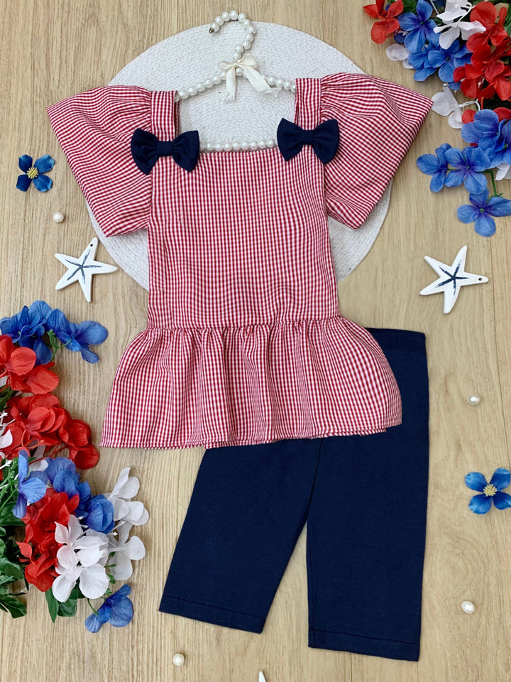Red Gingham Bow Peplum Top and Navy Biker Short Set