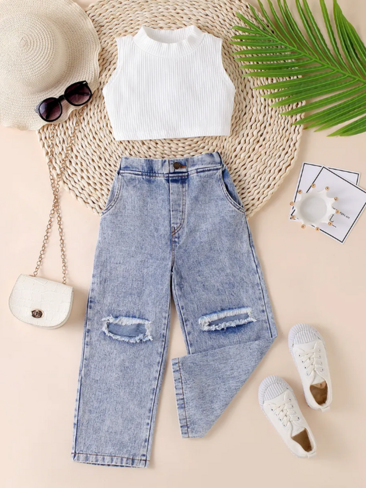 Mia Belle Girls Ripped Denim Jeans Set | Girls Spring Outfits