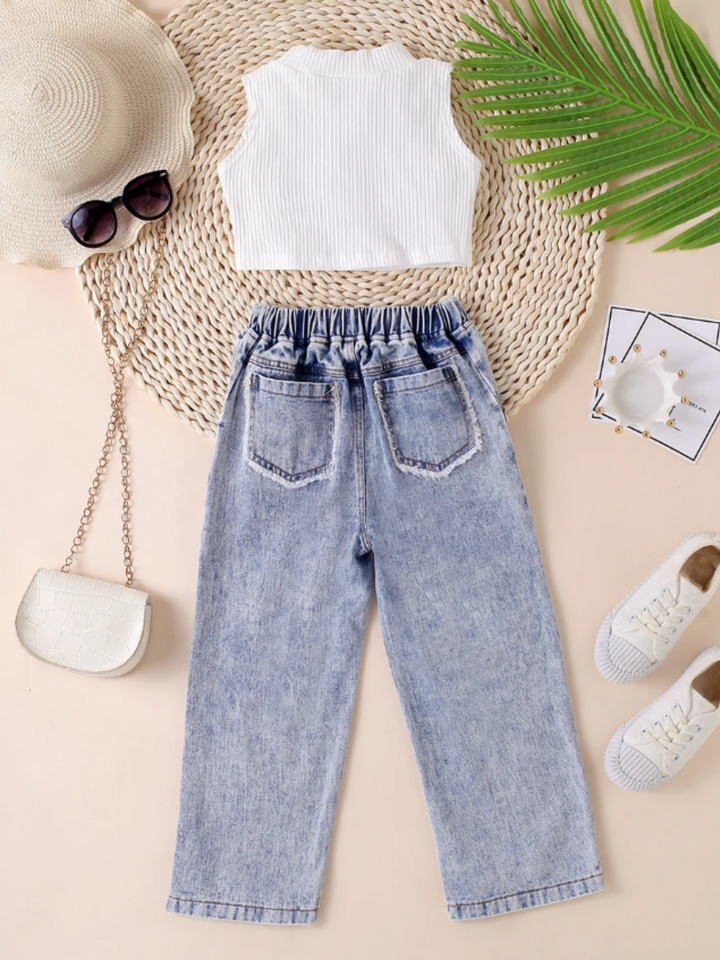Mia Belle Girls Ripped Denim Jeans Set | Girls Spring Outfits