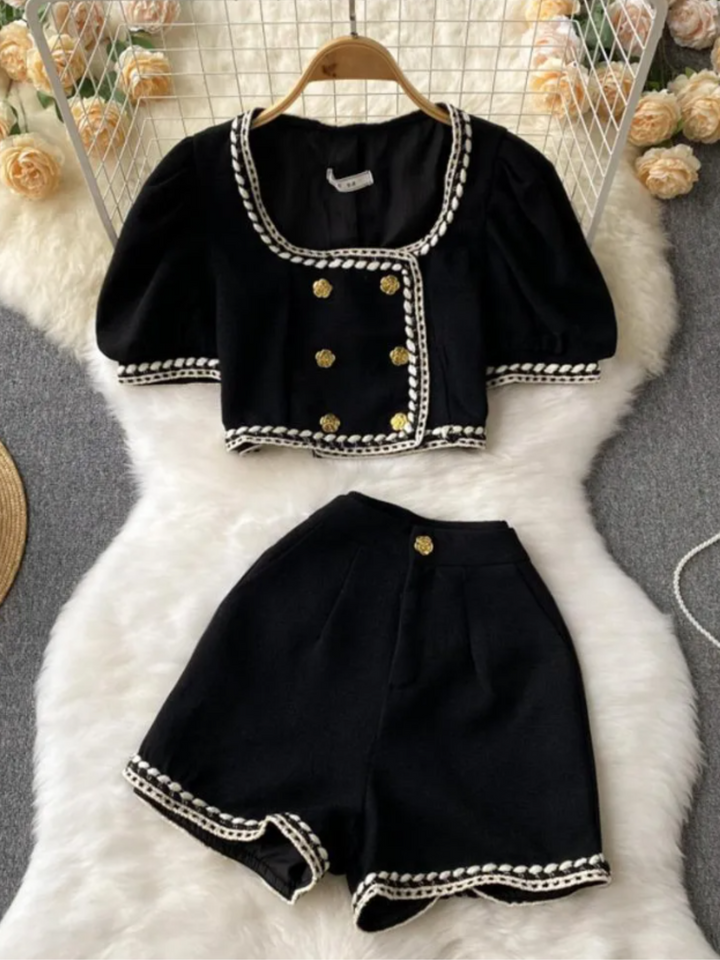 Mia Belle Girls Puff Sleeve Top And Black Short Set | Spring Sets