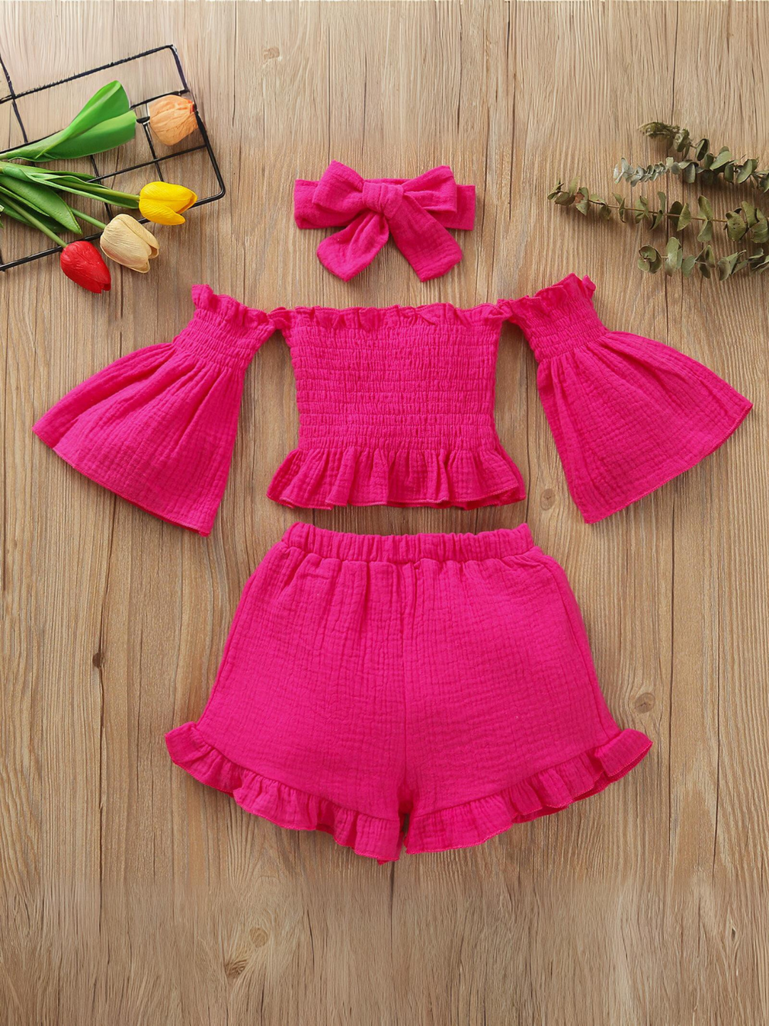 Cold Shoulder Smocked Top And Ruffle Shorts Set | Mia Belle Girls