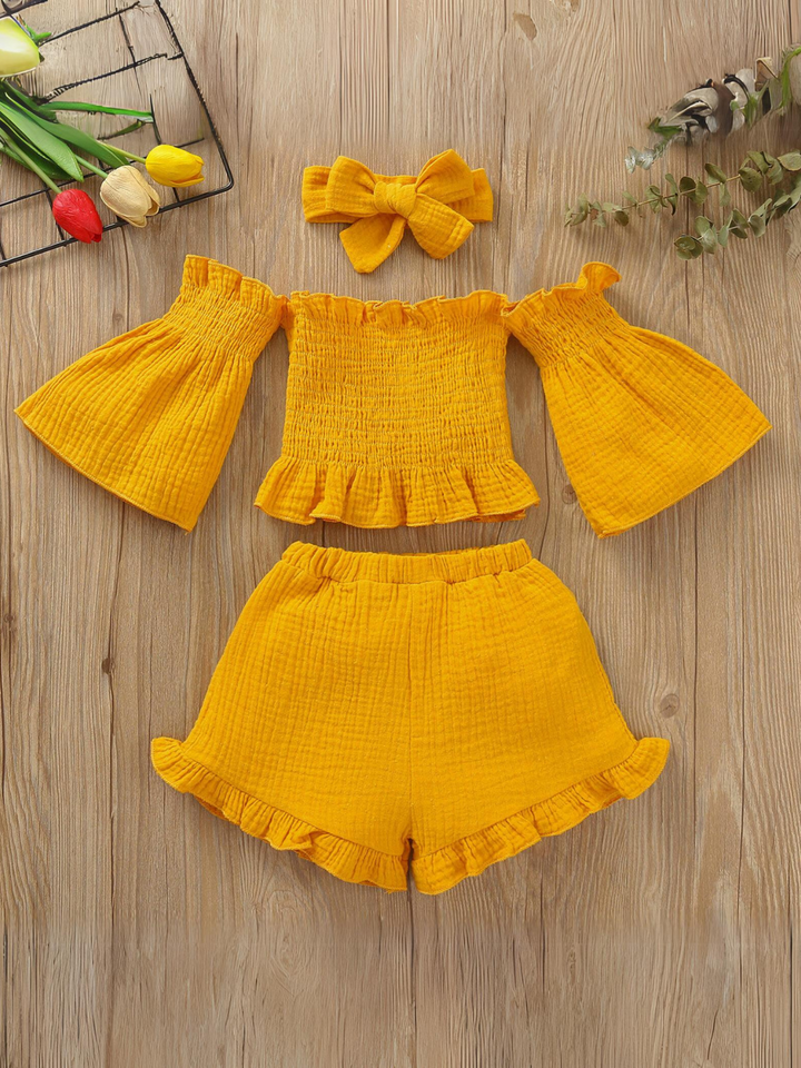 Cold Shoulder Smocked Top And Ruffle Shorts Set | Mia Belle Girls