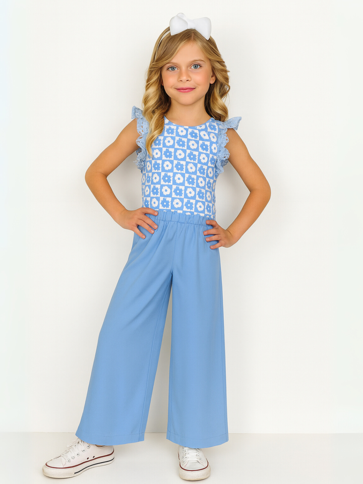 Blue Bloom Lace Flutter Top & Wide Leg Pant Set
