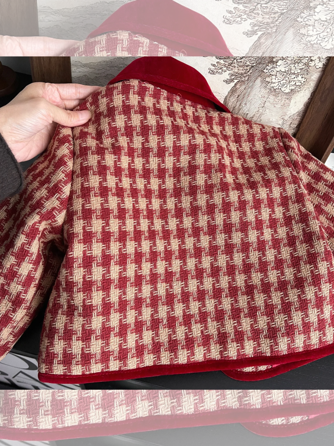 Adorable Red Velvet and Plaid Jacket and Skirt Set