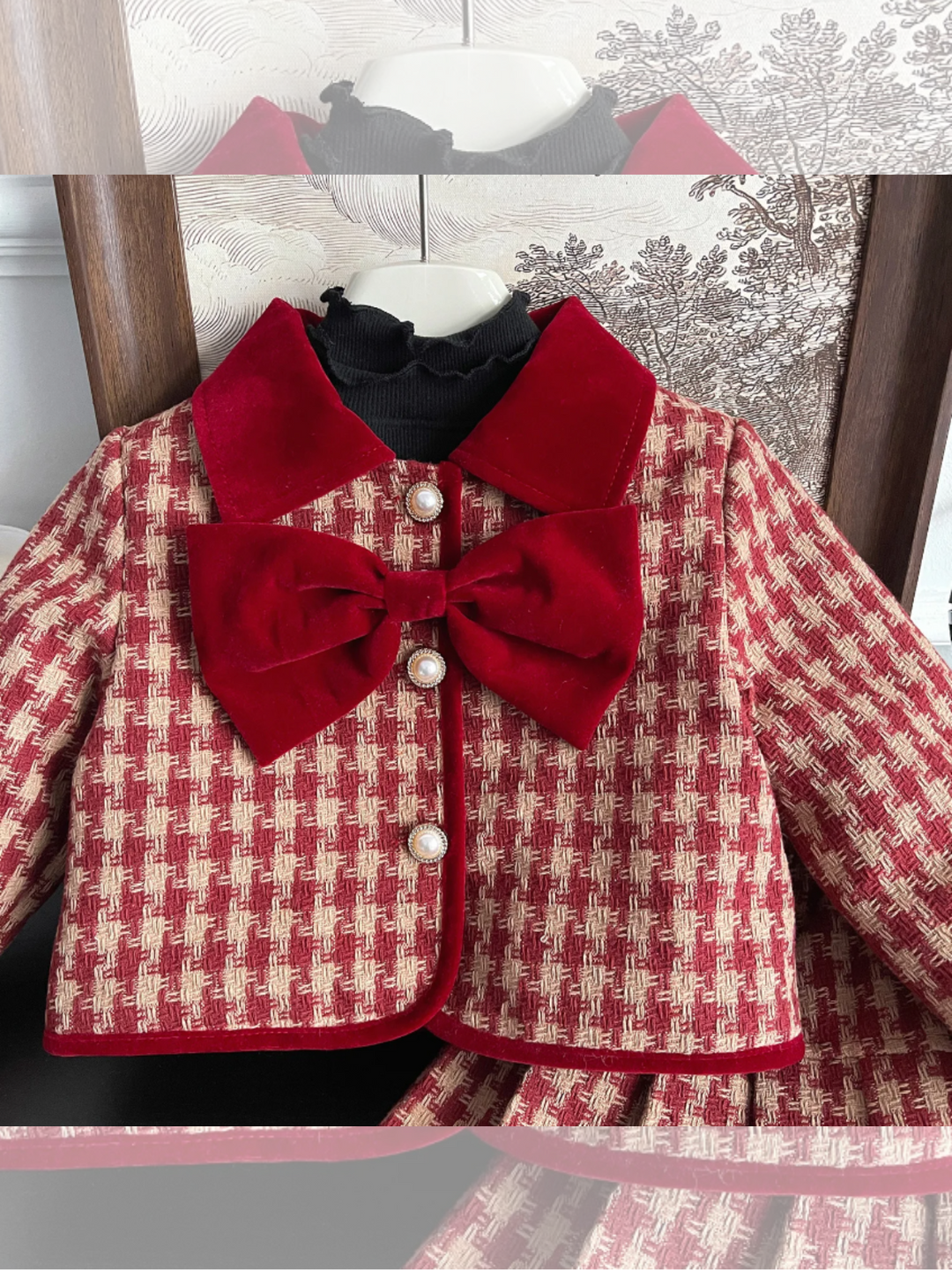 Adorable Red Velvet and Plaid Jacket and Skirt Set