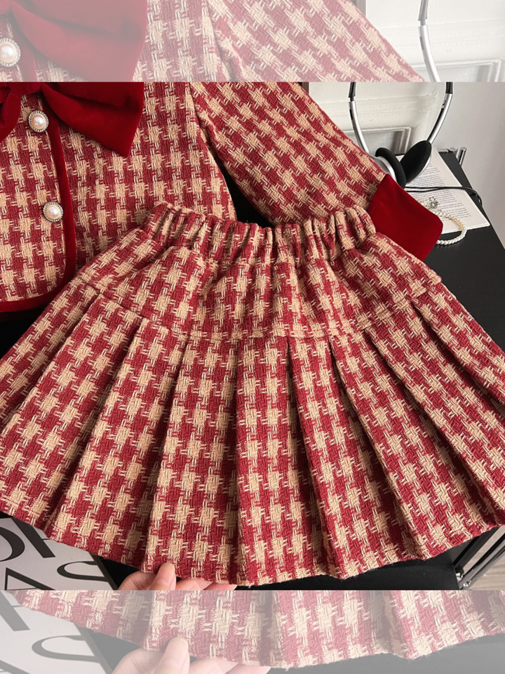 Adorable Red Velvet and Plaid Jacket and Skirt Set