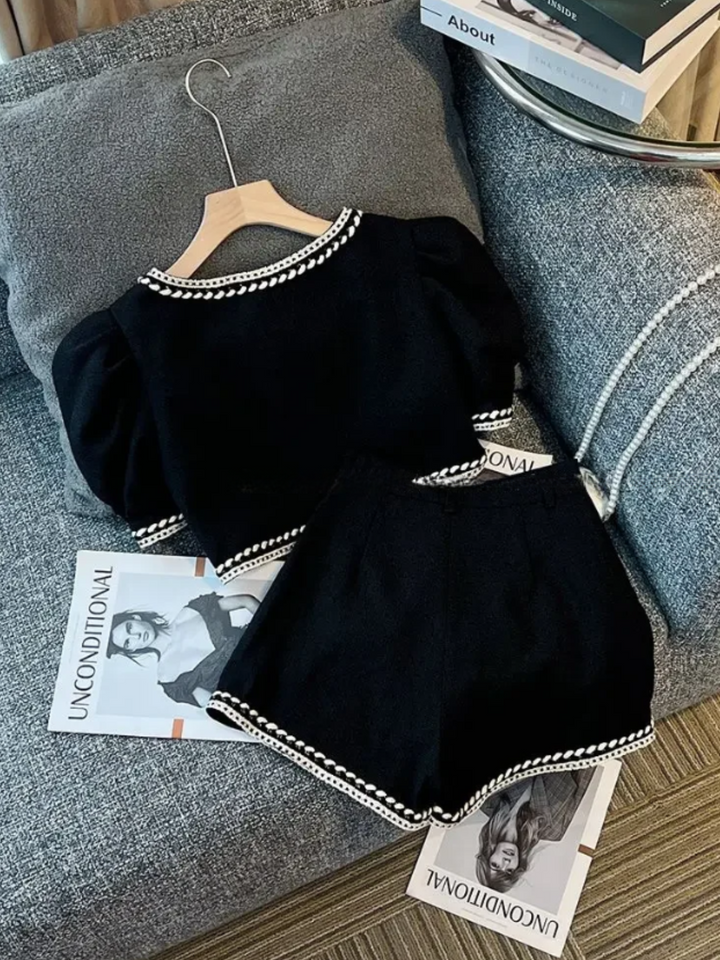 Mia Belle Girls Puff Sleeve Top And Black Short Set | Spring Sets