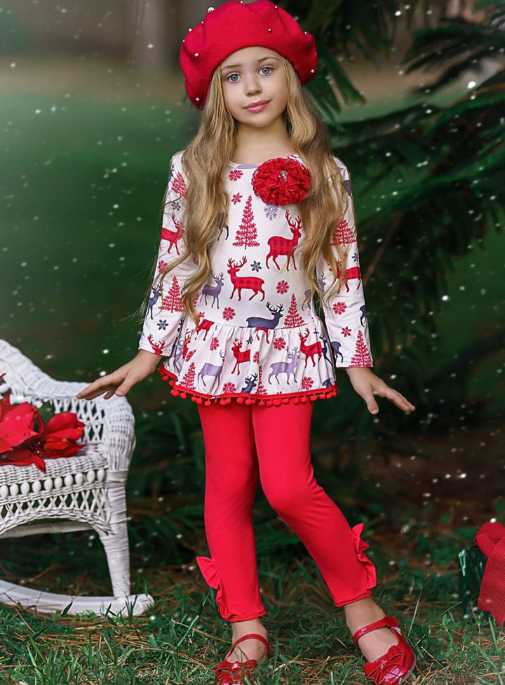 Girls Printed Long Sleeve Ruffled Pom Pom Hem Tunic & Red Leggings Set