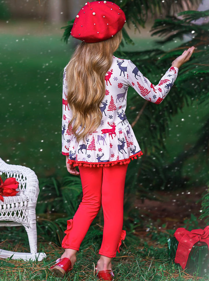 Girls Printed Long Sleeve Ruffled Pom Pom Hem Tunic & Red Leggings Set
