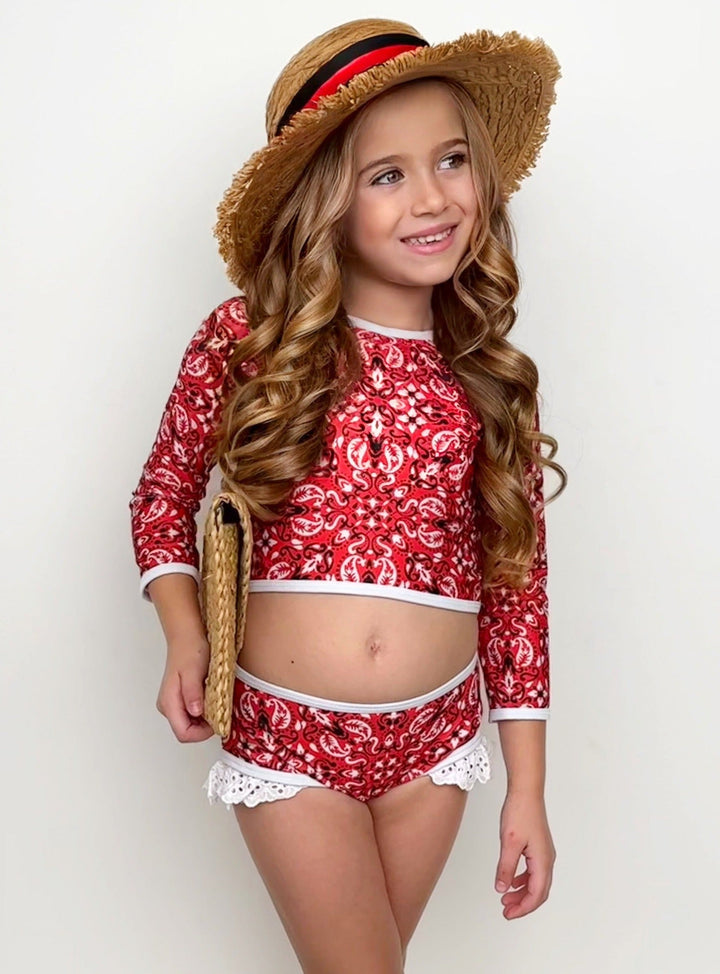 Toddler Rash Guard Swimsuit | Girls Paisley Print Two Piece Swimsuit