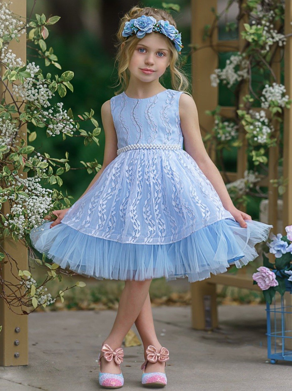 Toddler Dresses | Blue Embroidered Pearl Detail Special Occasion Dress