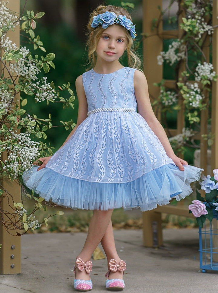Toddler Dresses | Blue Embroidered Pearl Detail Special Occasion Dress