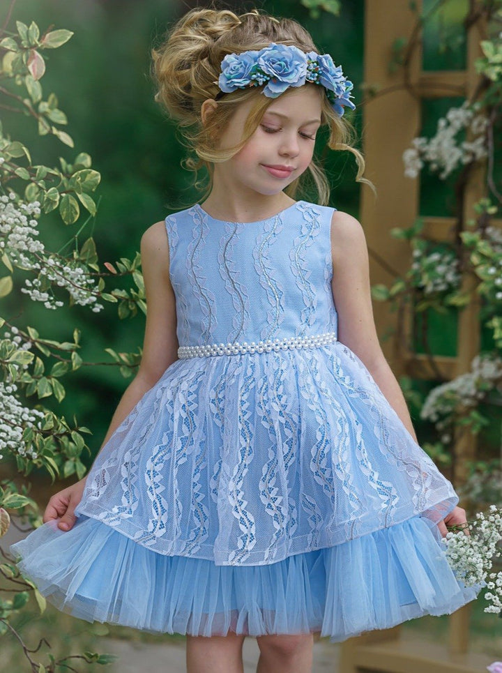 Toddler Dresses | Blue Embroidered Pearl Detail Special Occasion Dress